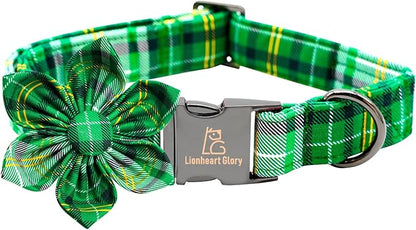 Lionheart glory St. Patrick's Day Dog Collar with Flower Dog Collar for Large Dogs, Green Plaid Cute Collars Spring Dogs Collars Flower Puppy Heavy Duty Cute