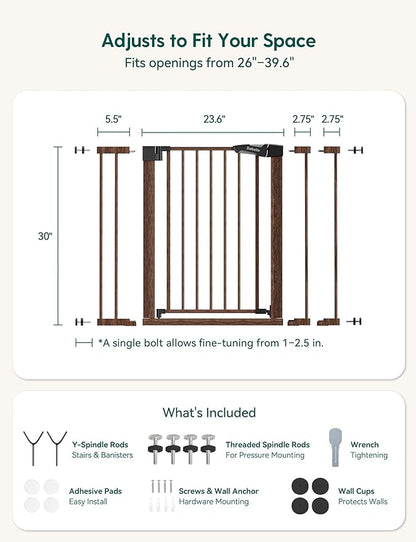 Mom's Choice Award Winner-BABELIO 26-40" Metal Baby Gate with Black Wood Pattern, PressGuard C5 Easy Install Pressure Mounted Dog Gate for Stairs and Doorways, with Wall Protectors and Extension Kits
