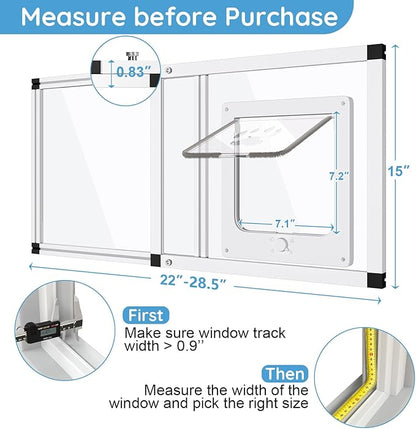 Sliding Cat Door for Window, Fits 22"-28.5" Width Window, 2-Min Install | Aluminum Frame + HD Glass | Weatherproof Design | Magnetic Closure Window Cat Door Insert, Adjustable Pet Door Window for Cats