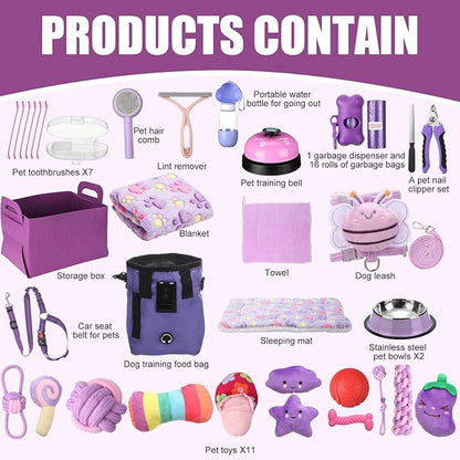 Abbylike 50 Pcs Puppy Supplies Starter Kit for Small Dogs Puppy Essentials Includes Leash, Bowls, Teeth Brushes, Water Bottle, and More Accessories for Dogs Pet Day Welcome Gift(Purple)