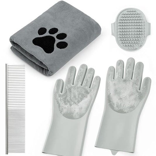 Pet Shower & Bath Supplies，Dog Shampoo Brush Set with Towel, Washing Gloves,Comb for Dogs and Cats (Grey)
