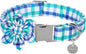 Dog Collar with Flower, Comfortable Durable Cotton Flower Collar for Girl Boy Dog or Cat, Adorable Puppy Collar with Metal Buckle, Blue Grid Gift Collar, XS