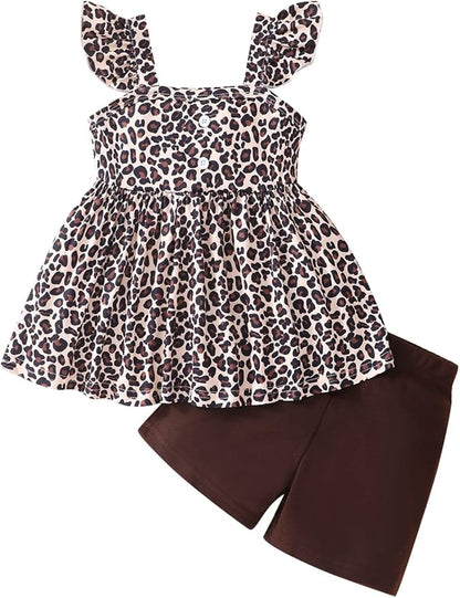 Toddler Baby Girls Summer Clothes Outfits Ruffled Sleeve Dinosaur Shirt Leopard Tops and Shorts Pants Sets 2PCS