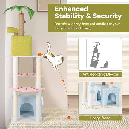 Tangkula 71 Inch Tall Cat Tree, Multi-Level Aesthetic Beach-Themed Cat Tower with Sisal & Jute Scratching Posts, 2 Cat Condos, Perch, Artificial Plant, Hanging Toys, Indoor Cat Activity Center
