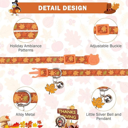SCENEREAL Fall Cat Collar with Bell & Stylish Bowtie, Turkey Maple Leaf Pattern Breakaway Cat Collars Accessories for Boy Girl Small Cats, Holiday Thanksgiving Kitten Costumes for Female Male Pets