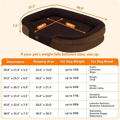 Dwanton Orthopedic Dog Bed for Extra Extra Large Dogs with Gel Memory Foam, Waterproof Dog Sofa, Washable Pet Bed with Four Sided Bolster Cushion, Removable Cover & Non-Slip Bottom, 48", Brown