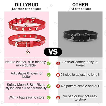 Leather Cat Collars for Boy Girl Cats with Bell and Safety Elastic Belt, Personalized Star and Moon Stud Adjustable Safe Buckle Collar for Kitty Small Big Cats Size 8-12 Inch, Red