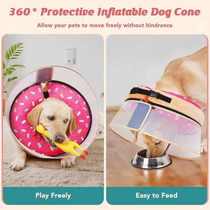 Inflatable Dog Cone with Anti-Licking Clear Shield, Protective Dog Donut Collar After Surgery, Adjustable Soft Recovery Cone for Pets, Alternative Collar with Buckle Strap (Pink, S)