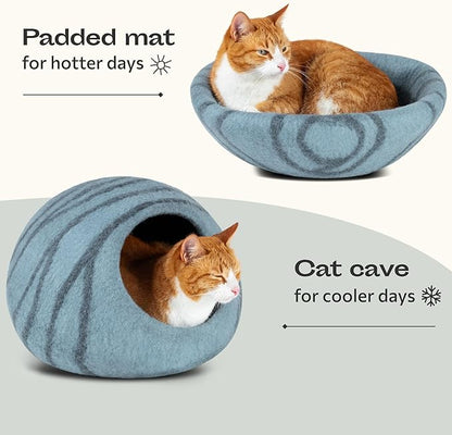 MEOWFIA Cat Cave – Premium Felt Cat Bed for Indoor Cats, Handmade Merino Wool (Aquamarine, Large)