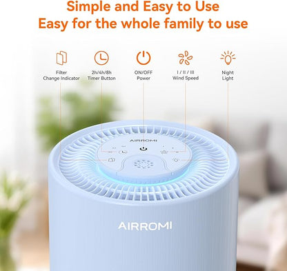 AIRROMI Air Purifier for Bedroom with HEPA 3-in-1 Filter, Pet Air Purifier for Home Cat Pee Smell, Covers Upto 990 Ft², Quiet 360° intake Air Cleaner for pet hair,allergies,Dust,Smoke A2001 Blue