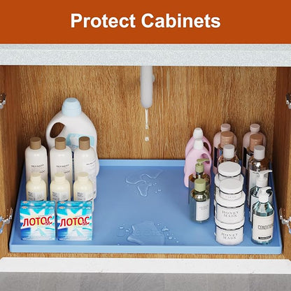 Extra Thick Silicone Mat Waterproof with Raised Edge 34" x 22", Under Sink Mat for Kitchen & Bathroom, Kitchen Cabinet Liner, Multi-Purpose for Storage & Protection, Blue