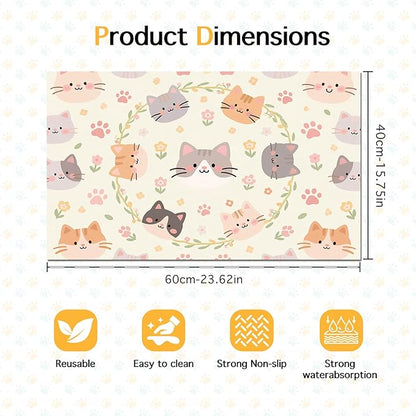 Cat Feeding Mat 24x16 inch Floral Ring Kitten Print Pet Bowl Placemat Non Slip Floor Mat for Food and Water Indoor Kitty Feeding Station Cute Meal Pad for Small Pets Kitchen Use