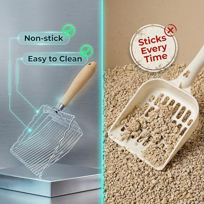 2 Pack Metal Cat Litter Scoops, Heavy-Duty Kitty Scooper with Hook, Stainless Steel Kitten Poop Lifter for Litter Box, Speed Sifter with Comfortable Beech Wood Grip