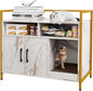 Giantex Cat Litter Box Enclosure - Cat Washroom Hidden Furniture with Front Entry, Scratcher, 2-Door Storage Cabinet, 2 Compartments, Air Vents, Metal Frame, Wooden Pet Crate House (Marble White)