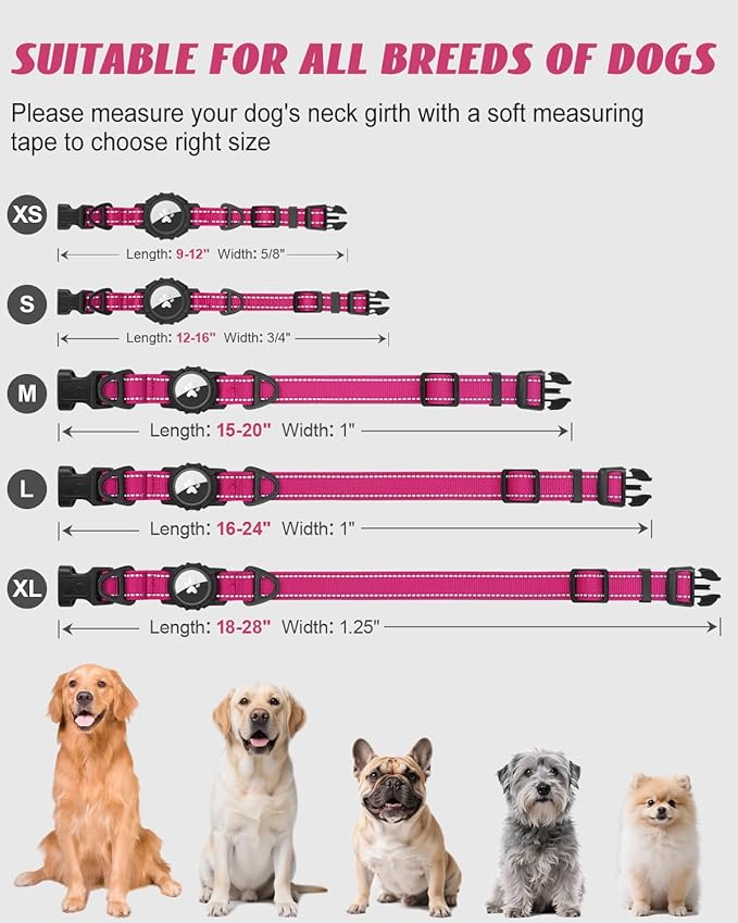 Joytale Airtag Dog Collar, Reflective Pet Collar with Waterproof AirTag Holder, Dual D-Rings, Soft Padded Adjustable for Large Dogs, Hotpink, L