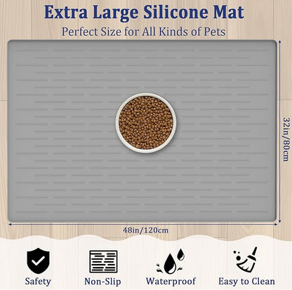 48"x32" Extra Large Pet Food Mat, 1.5MM Super Thick Silicone Dog Mats for Food and Water, XXXL Nonslip Pet Feeding Mats for Floors,Dog Cat Bowl Mat with Raised Edges, Dark Gray