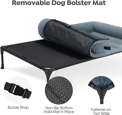 Veehoo Orthopedic Elevated Dog Bed with Fluffy Plush Bolster Cushion, Indoor Raised Dog Beds for Large Dogs, Soft Pet Sofa Cot with Removable Washable Mat, No-Slip Feet, 32 x 25 inches, Haze Blue