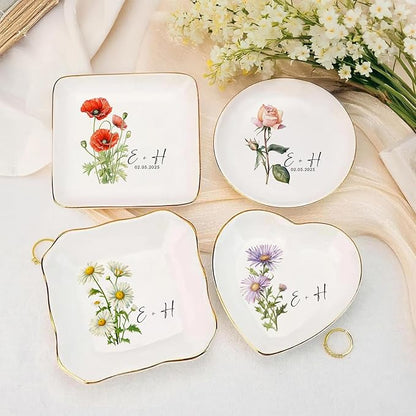Personalized Floral Jewelry Dish, Engaged Ring Dish, Custom Trinket Dish Engagement Gift for Newly Engaged Couple, Mr and Mrs Ring Dish Just Married Valentines Gifts Keepsake
