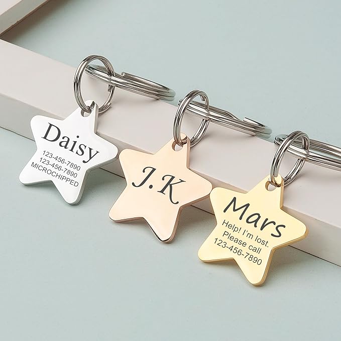 Anavia Personalized Pet ID Tags, Stainless Steel Glossy Laser Engraved Dog Cat Collar Name Tags, Multiple Colors Shapes Sizes (Star, Small)