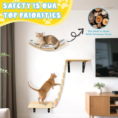 Cat Wall Shelves - Set of 4 Cat Wall Furniture, Curved Cats Shelves and Bridge Ladder & 2 Steps for for Sleeping, Playing, Climbing, and Lounging Modern Furniture for Cats