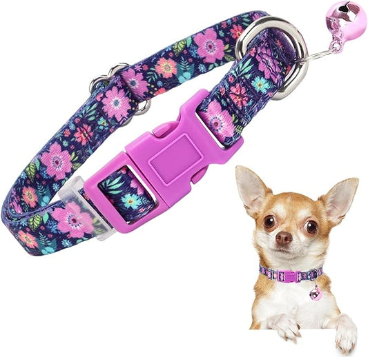Floral Puppy Collar with Bell - Ultra-Soft Adjustable Kitten-Safe Nylon Collar for Tiny Dogs, Chihuahua, Pomeranian, Kittens, XS Small, Flower Pattern Design