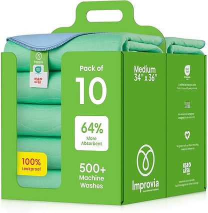 IMPROVIA® Washable Underpads, 34" x 36" (Pack of 10) - Heavy Absorbency Reusable Bedwetting Incontinence Pads for Kids, Adults, Elderly, and Pets Waterproof Protective Pad for Bed, Couch, Sofa, Floor