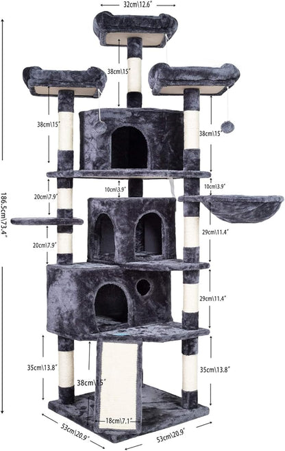 Hey-brother XL Cat Tree, 73.4 inch Cat Tower with 3 Caves, 3 Cozy Perches, Scratching Posts, Board, Activity Center Stable for Kitten/Big Cat, Gray MPJ032G
