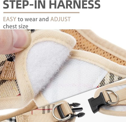 PUPTECK Adjustable Dog Harness Collar and Leash Set Step in No Pull Pet Harness for Small Medium Dogs Puppy and Cats Outdoor Walking Running, Soft Mesh Padded Reflective Vest Harnesses, Beige XXS