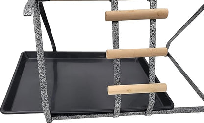 Parrot Bird Perch Table Top Stand Metal Wood 2 Steel Cups Play for Medium and Large Breeds 17.5" x 12.5" x 11"
