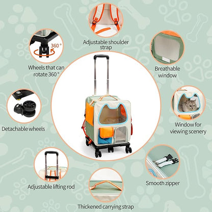 Cat Carrier with Wheels Airline Approved,Removable Pet Carrier Outdoor on Wheels Portable Cat Carrier Bag for Puppy and Kitten Travell Moving or Going Out