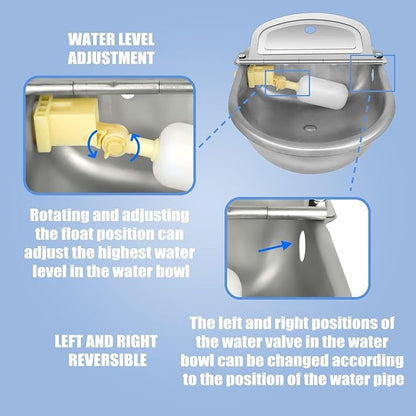 Automatic Animal Drinking Water Bowl with Float Valve, 304 Stainless Steel Kit Includes Bowl, Pipe, 2 Valves, Quick Connector Adapter and Countersunk Bolts. (Auto-Filling)