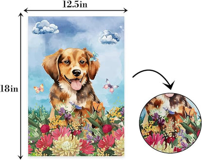 Dog Welcome Garden Flag Welcome Happy Butterfly Dog Animals Outdoor Garden,Flag Welcome Spring Summer Garden Flag,Flower House Seasonal Decoration -12 x 18"Inch Double Sided