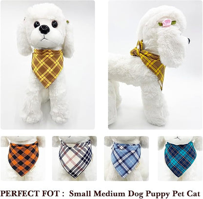 5PCS Dog Bandanas with Button - Thick Triangle Bibs Dual Layer Soft Cotton Scarves for Small Medium Boy Girl Puppy Cat Pet Baby Square Plaid Printing Washable Kerchief Halloween Costumes Outfits