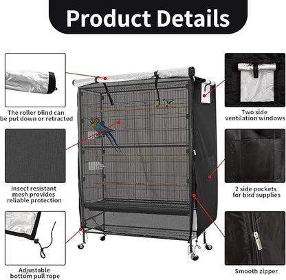Bird Cage Covers for Night,38”L×23”W×51”H,420D Fabric Washable Waterproof Large Dust Pet Birdcage Breathable Warm Protection Cover,Distraction and Light Eliminator for Winter,Cats,Mink(with Mesh)