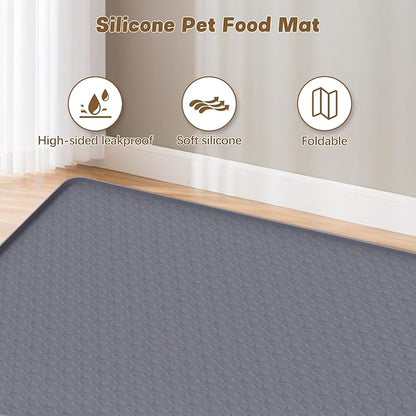 Cat Food Mat, 51" x 25.6" Extra Large Silicone Pet Feeding Mat with Raised Edge Pet Placemat for Food and Water Bowl Non-Slip, Easy to Clean, Floor Protection (Dark Grey)