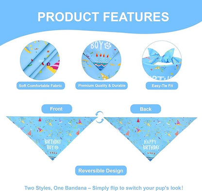 Dog Birthday Bandana Boy for Small Dogs, Reversible 2 Patterns in 1, Blue Confetti Scarf, Happy Birthday Party Outfit Puppy Gift (9-14" Neck)