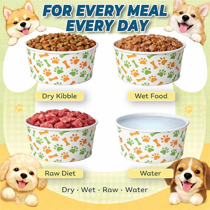 60 Pcs 42 oz/ 5.2 Cups Disposable Pet Bowls with Waterproof PE Coating, Heavy Duty Leakproof Bulk Dog Bowls with Printed Pattern for Multi-Dog Homes, Puppies, Travel, Camping & Pet Party