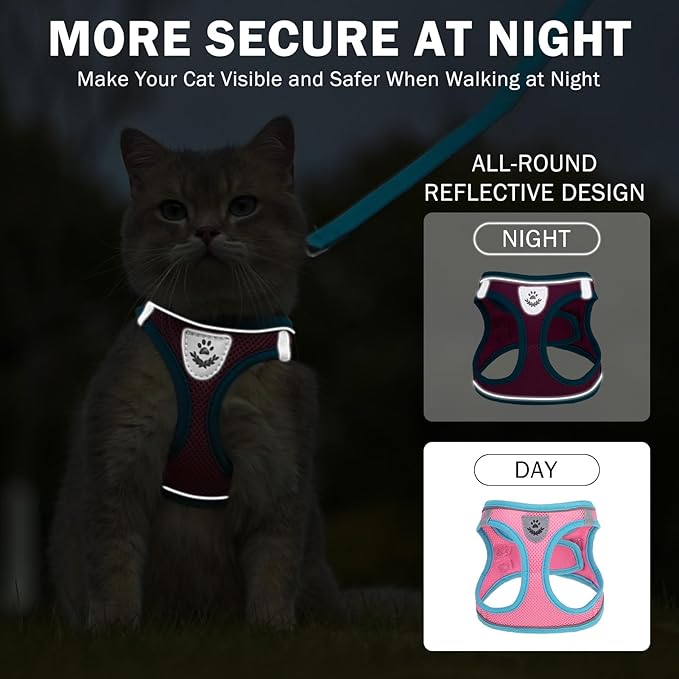 SCENEREAL Cat Harness and Leash Set Escape Proof, Adjustable Soft Air Mesh Kitten Harnesses for Girls Boys Small Medium Big Cats, Reflective Light Travel Pet Walking Vest for Puppy Rabbit, Pink M
