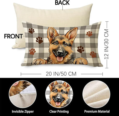 German Shepherd Dog Lumbar Decorative Throw Pillow Cover 12x20, Rectangular Paw Prints Outdoor Home Decor Pet Owner Lover Gift, Farmhouse Buffalo Plaid Sofa Couch Cushion Case Housewarming Gifts