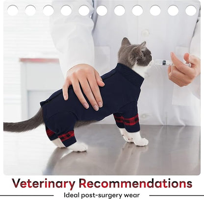 PUMYPOREITY Cat Pajamas, Stretchy 4-Leg Design with Back Buckles for Easy On/Off, Soft Cat Recovery Suit Reduce Wound Licking After Surgery, Kitten Onesie - Machine Washable, XS, Blue