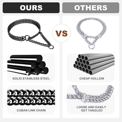 Black Dog Chain Collar - Stainless Steel, Adjustable, Chew Proof, Double Row, Cuban Link, Walking Collar for Large, Small, Medium Dogs
