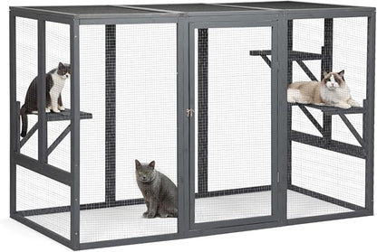 Catio Outdoor Cat Enclosure,71" L Outside Cat House Weatherproof, Wooden Large Catios for Cats Patio, Cat Houses with 3 Platforms,Grey