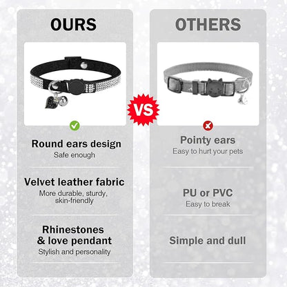 Rhinestone Cat Collar Breakaway with Bell, Diamond Cat Collar with Safety Buckle Quick Release for Girl Boy Small Kitten Pets Puppy,Cute Soft Female Male Cat Collars, Color Black 7-9"