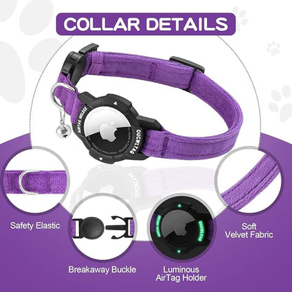 Luminous AirTag Cat Collar Breakaway, OUCWLTAG GPS Cat Collar with Apple Air Tag Holder, Cat Tracker Collars with Safety Elastic Band for Girl Boy Cats, Kittens and Puppies (Purple, 9-13 Inch)