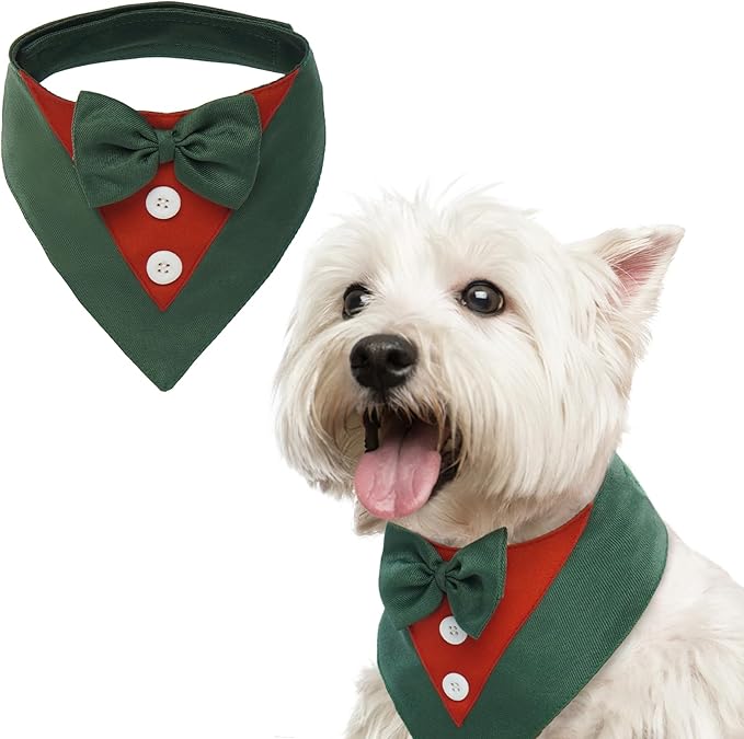 FUAMEY Dog Tuxedo Christmas for Small Dogs,Dog Formal Suit Dogs Attire Pet Bow Tie Puppy Party Costumes Cat Tux Outfits Pets Bandana Cosplay Adjustable Bowties Christmas Green Red XS