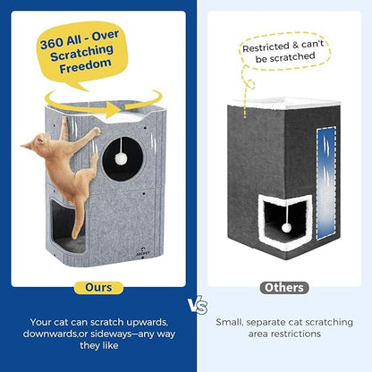 Cat House for Indoor Cats, 2-Storey Cat Bed Cave, Felt Cat Hideaway Condo with Resistant Scratching Freedom Kitten Cube for Multicats Gray