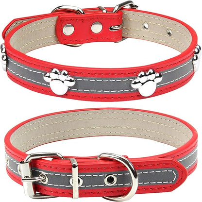 PETCARE Reflective Dog Collar with Cute Paw Rivet Studded Funny Soft PU Leather Adjustable Puppy Dog Collars for Small Medium Large Dogs Cats (Red,Medium)