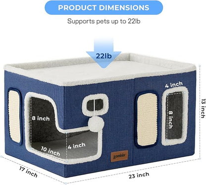 Extra-Wide Cat House for Indoor Cats - Large Cat House for Pet with Fluffy Ball Hanging and Scratch Pad, Foldable Cat Hideaway for Multi Cats, 23x16.5x13 inches, Green