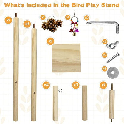 PINVNBY 3 PCS Wooden Small Bird Playground for Top of Cage, Wood Parrot Stands Perch Birds Gym with Hanging Chewing Toys Bird Cage Accessories for Parakeet Conure Love Birds Budgie