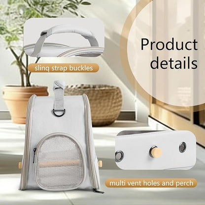 Bird Carrier, Portable Small Bird Parrot Parakeet Carrier with Standing Perch and Soft Support Mat, Side Access Window Collapsible (Grey, Mesh Windows)